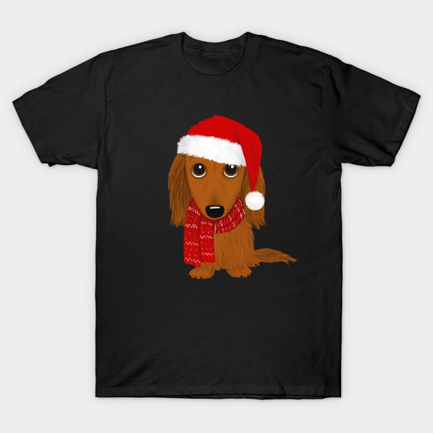 Longhaired Dachshund with Santa Hat Cute Christmas Wiener Dog T-Shirt by Coffee Squirrel